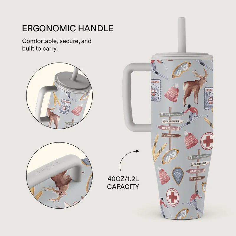 BURGA Burga 40oz (1.2L) Insulated Stainless Steel Tumbler with Handle & Leakproof Straw Lid – Double Wall Vacuum Travel Mug, Keeps Drinks Hot up to 12 Hours & Cold All Day, Cup Holder Friendly Reusable Bottle Les Alpes